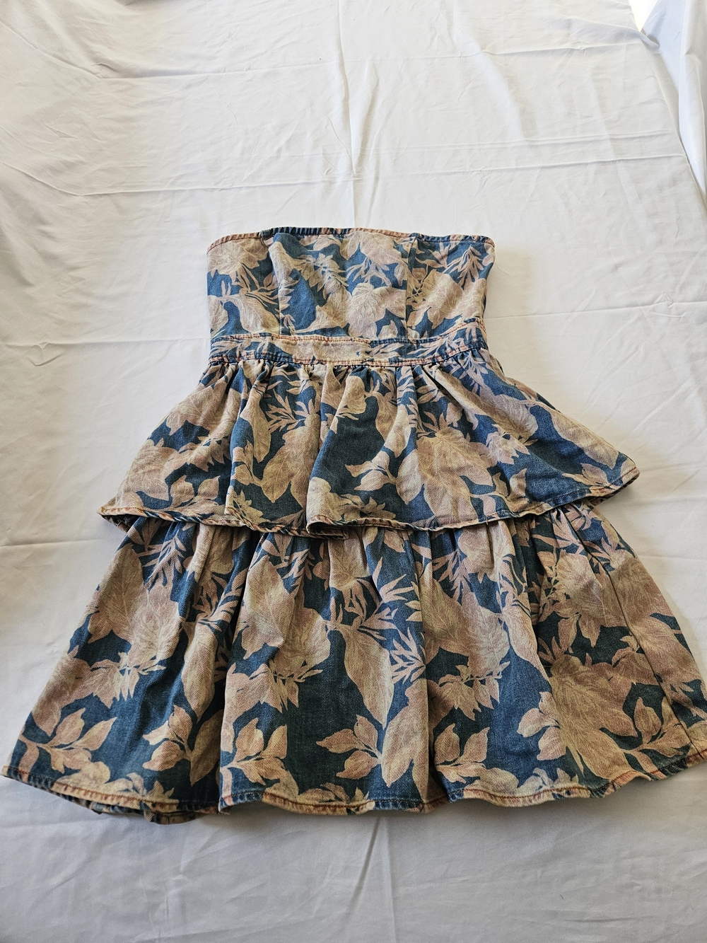 Flying Tomato Navy Blue and Beige Floral Strapless Tiered Dress